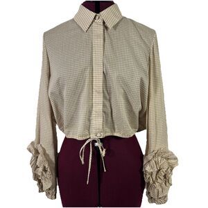 Alexis Cropped Tan White Gingham Button Up Top Blouse Sz M Ruffle Sleeve Boho